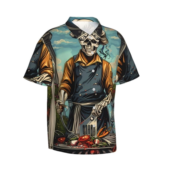 Picia Skeleton Chef BBQ Scene Gentle Cotton Regular Fit Short Sleeve Casual Hawaiian Shirt for Men-Large