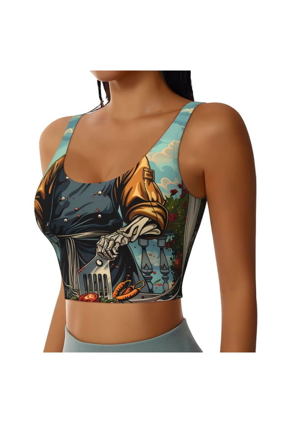 Skeleton Chef BBQ Scene Sports Bra for Women,Padded Strappy Sports Bras Medium Support Yoga Bra with Removable Cups,Running Yoga Bra-XX-Large