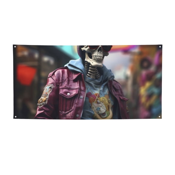 Picia Skeleton Cool Street Fashion Pattern Party Banner, Festive Decoration, Holiday Banner, Celebration Decor, Event Banner, Reusable Party Banner-Small