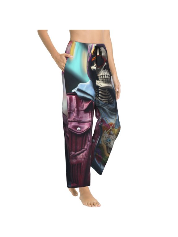 Skeleton Cool Street Fashion Womens Soft Woven Cotton Elastic Waistband Sleep Pajama Pant Lounge Sleep Pant With Pockets And Drawstring-Large