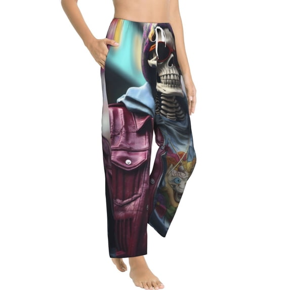Picia Skeleton Cool Street Fashion Womens Soft Woven Cotton Elastic Waistband Sleep Pajama Pant Lounge Sleep Pant With Pockets And Drawstring-Small