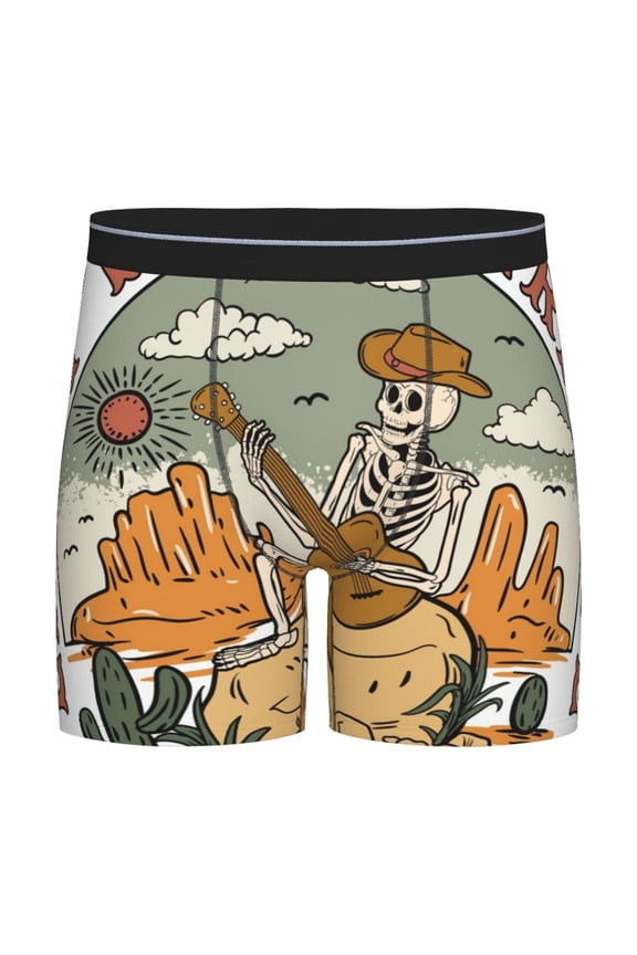 Skeleton Cowboy And Guitar Pattern Men's Athletic Long Leg Briefs , Performance Stretch Underwear,Moisture-Wicking