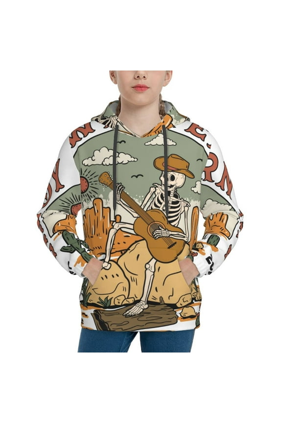 Skeleton Cowboy And Guitar Pattern Youth Hoodie - Warm Pullover Sweatshirt with Kangaroo Pocket, Ideal for Boys and Girls-X-Large