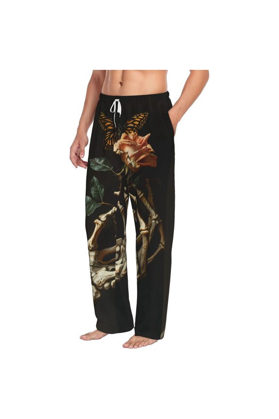 Skeleton Hand Rose Butterfly Mens Soft Woven Cotton Elastic Waistband Sleep Pajama Pant Lounge Sleep Pant With Pockets And Drawstring-Small