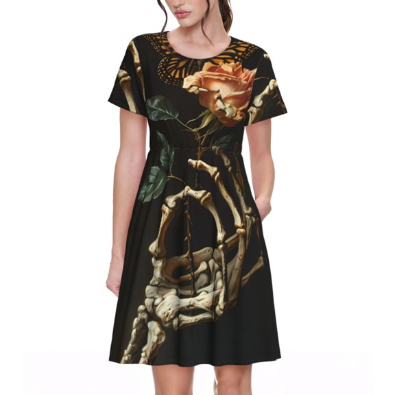 Picia Skeleton Hand Rose Butterfly Pattern Women's Short Sleeve Summer Dress Pleated Loose Swing Knee Length Short Sleeve Swing Dresses