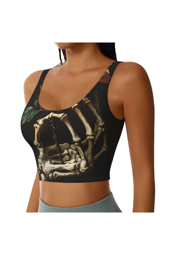 Skeleton Hand Rose Butterfly Sports Bra for Women,Padded Strappy Sports Bras Medium Support Yoga Bra with Removable Cups,Running Yoga Bra-Medium