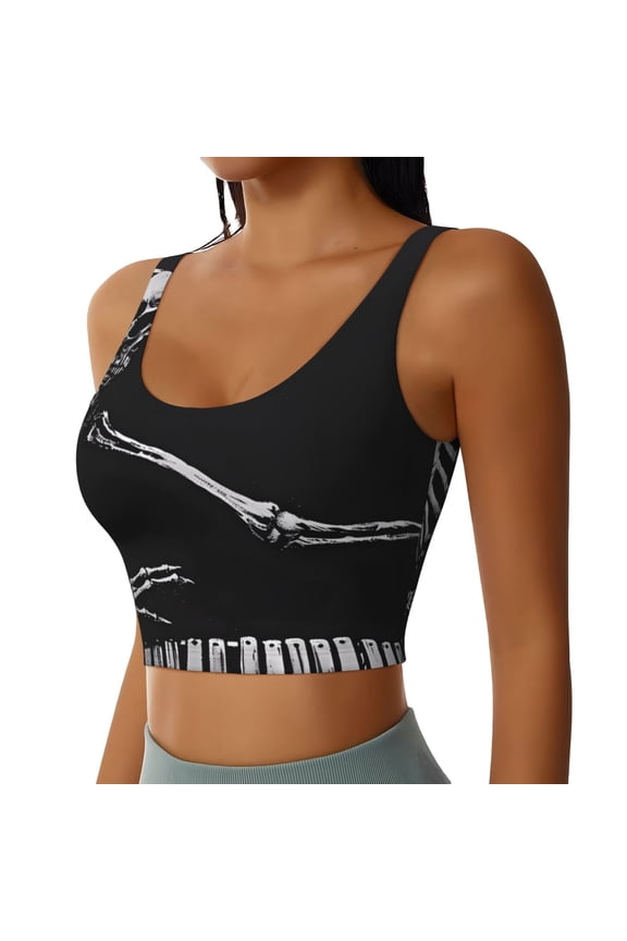 Skeleton Playing Xylophone Sports Bra for Women,Padded Strappy Sports Bras Medium Support Yoga Bra with Removable Cups,Running Yoga Bra-X-Large