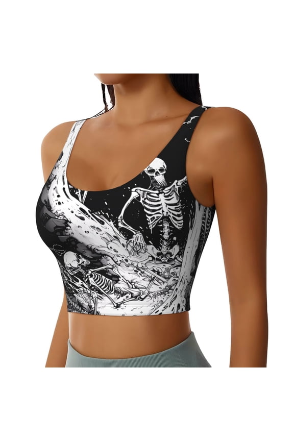 Skeleton Wave Artwork Sports Bra for Women,Padded Strappy Sports Bras Medium Support Yoga Bra with Removable Cups,Running Yoga Bra-Medium