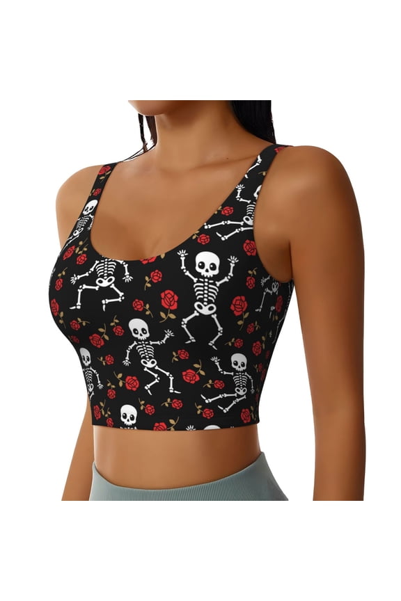 Skeleton with Roses Sports Bra for Women,Padded Strappy Sports Bras Medium Support Yoga Bra with Removable Cups,Running Yoga Bra-X-Large
