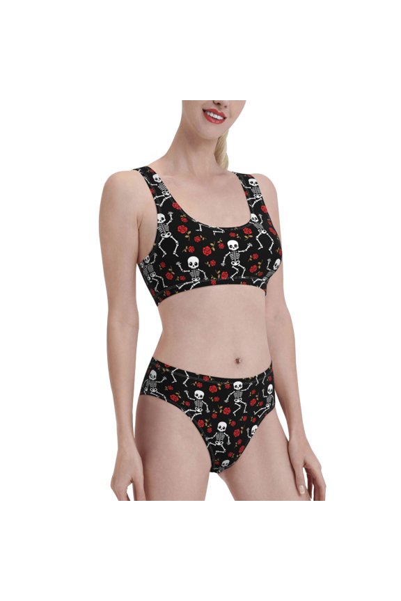 Skeleton with Roses Women's High Waisted Bikini Scoop Neck Swimsuit Two Pieces Bathing Suit-Medium