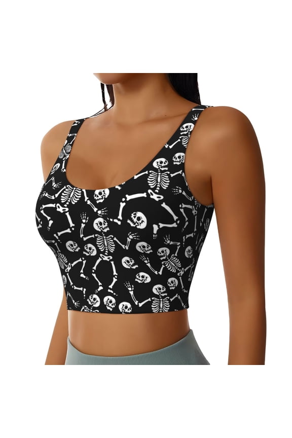Skeletons Dancing Sports Bra for Women,Padded Strappy Sports Bras Medium Support Yoga Bra with Removable Cups,Running Yoga Bra-Large
