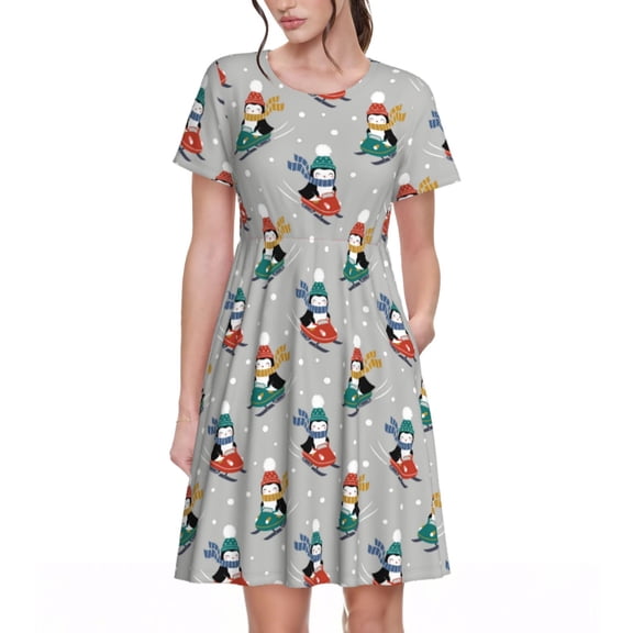 Picia Skiing penguin Pattern Women's Short Sleeve Summer Dress Pleated Loose Swing Knee Length Short Sleeve Swing Dresses