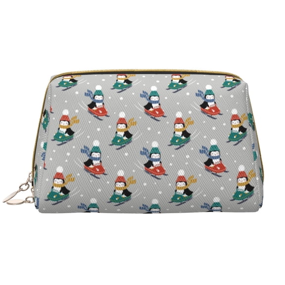 Picia Skiing penguin Print Leather Makeup Bag Make Up Bag Travel Toiletry Bag for Her Girlfriend Teacher Teen Girl Gifts