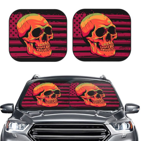 Picia Skull And Flag Usa 2 Piece Car Windshield Sun Shade Foldable | Foldable Sun Shield for Front Window Blocks UV Rays and Keeps Your Vehicle Cool-Medium