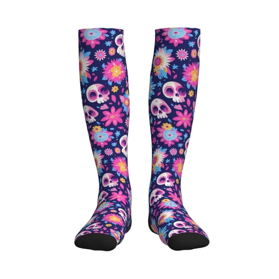 Picia Skull Blue Flower Printed Sports Compression Socks - 15-20mmHg Graduated Compression, High-Performance Soft and Breathable Socks for Men and Women