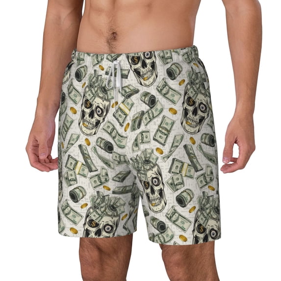 Picia Skull with Cash pattern Mens Swim Trunks with Compression Liner Stretch Beach Shorts Quick Dry with Zipper Pockets No-Chafing Board Shorts-Small