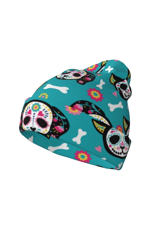 Skull Cat Pattern Knitted Beanie Hat for Men and Women , Unisex Winter Warm Stretchy Knit Cap Thick Fisherman Beanies Cuffed Plain Skull Caps