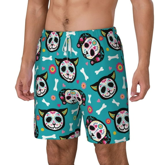 Picia Skull Cat pattern Mens Swim Trunks with Compression Liner Stretch Beach Shorts Quick Dry with Zipper Pockets No-Chafing Board Shorts-Small
