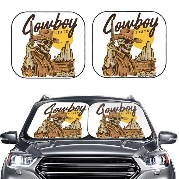 Picia Skull Cowboy 2 Piece Car Windshield Sun Shade Foldable | Foldable Sun Shield for Front Window Blocks UV Rays and Keeps Your Vehicle Cool-Medium