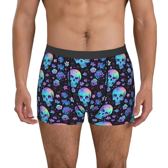 Picia Skull Flower Blue Pattern Men’s Boxer Briefs – Soft & Breathable Underwear, Stretchy & Comfortable Fit, Supportive Pouch Design, Moisture-Wicking-X-Large
