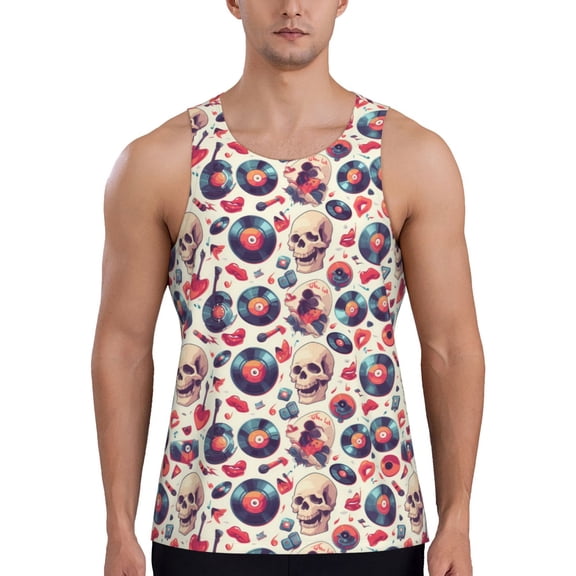 Picia Skull Guitar record lips Printed Men’s Performance Tank, Men's Workout Tank Top Moisture-Wicking Tank Top Muscle tee, Breathable Workout Shirt-Large