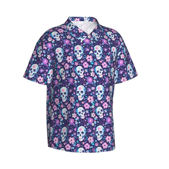 Picia Skull Purple Flower Gentle Cotton Regular Fit Short Sleeve Casual Hawaiian Shirt for Men-X-Large