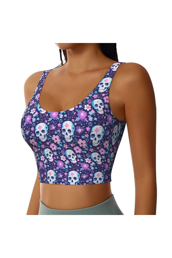 Skull Purple Flower Sports Bra for Women,Padded Strappy Sports Bras Medium Support Yoga Bra with Removable Cups,Running Yoga Bra-Medium