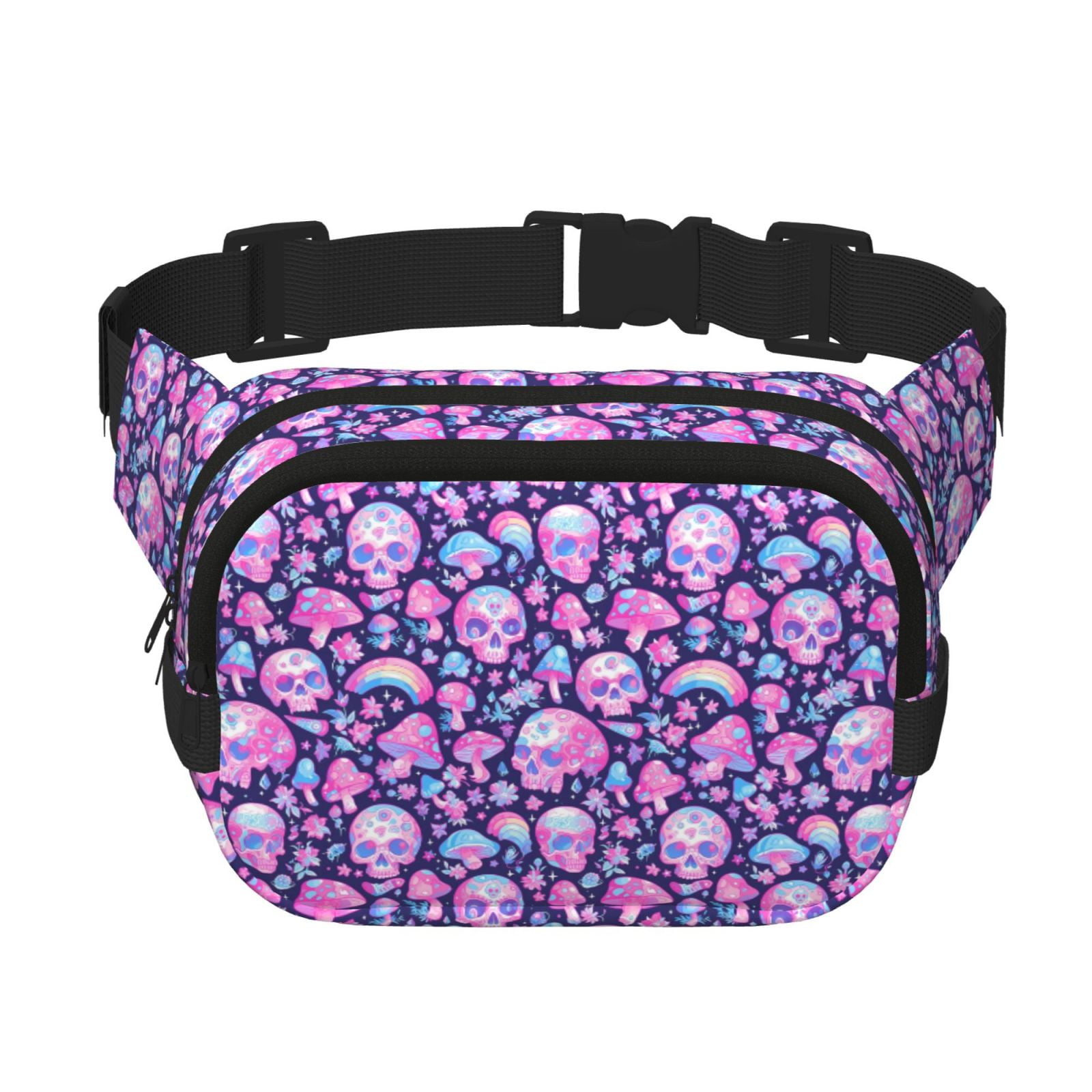 Picia Skull Rainbow Mushroom Print Square Double-Layer Waist Bag Mini Adjustable Waist Belt Bag Exercise Running Travel Hiking
