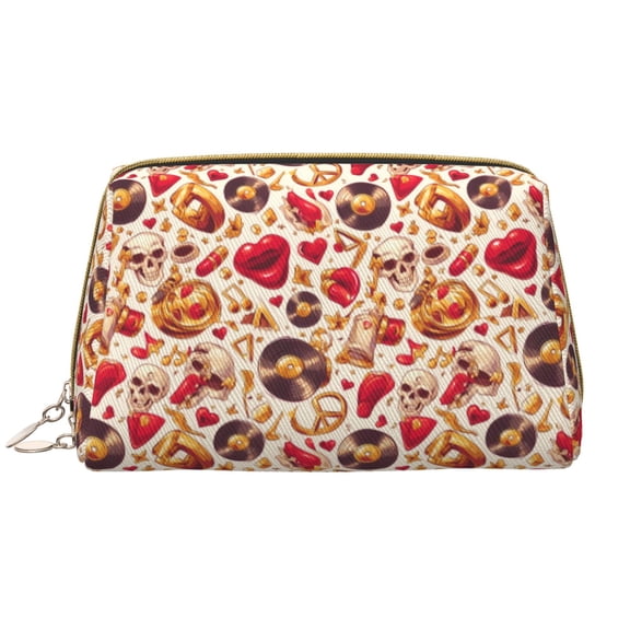 Picia Skull Retro record lips Print Leather Makeup Bag Make Up Bag Travel Toiletry Bag for Her Girlfriend Teacher Teen Girl Gifts