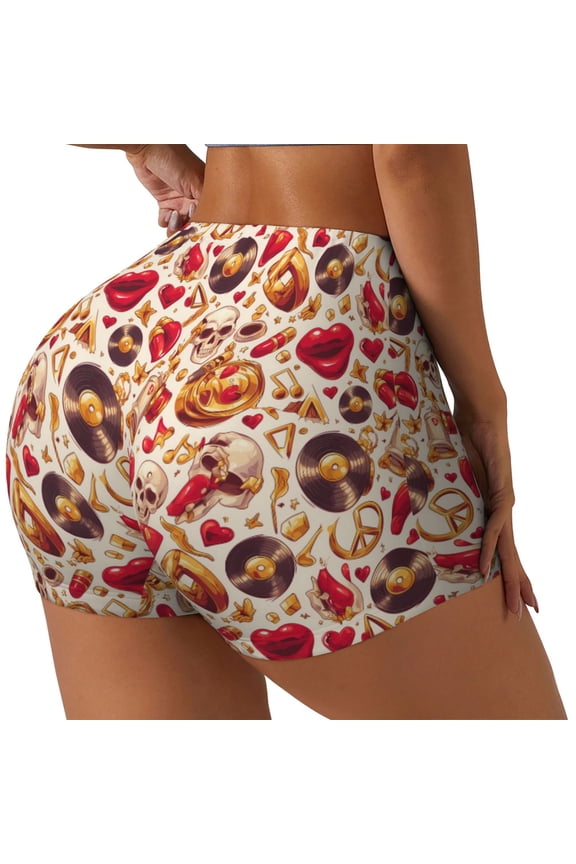 Skull Retro record lips Printed Workout Shorts for Women Seamless Scrunch Butt Lifting High Waisted Yoga Gym Booty Running Moisture-wicking Short Pants-Large