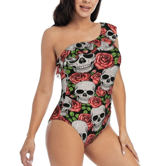 Picia Skull and Roses Pattern Women's One Piece Swimsuits,One Shoulder Swimwear Asymmetric ,Ruffle Monokinis Bathing Suits,High Waisted Flattering Bathing Suits-X-Large
