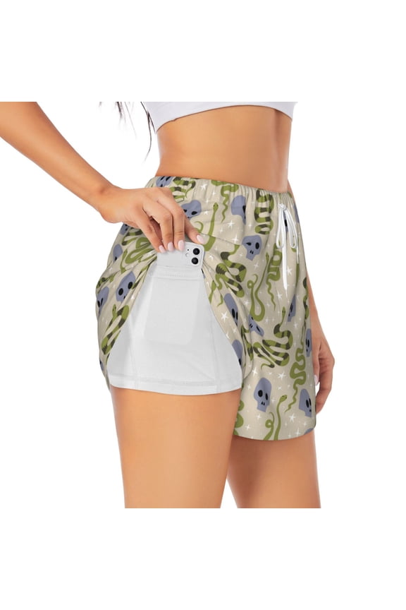 Skull Snake Pattern Women's 2 in 1 Athletic Running Shorts High Waisted Workout Casual Gym Sweat Shorts with Comfy Liner Zipper Pockets-Small