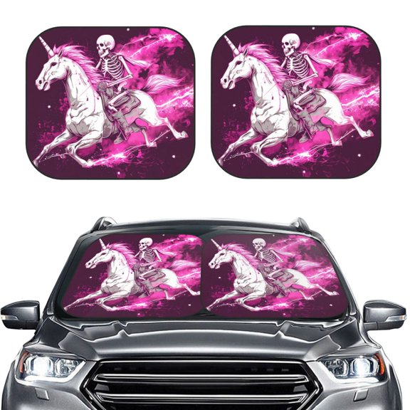 Picia Skull White Horse 2 Piece Car Windshield Sun Shade Foldable | Foldable Sun Shield for Front Window Blocks UV Rays and Keeps Your Vehicle Cool-Large
