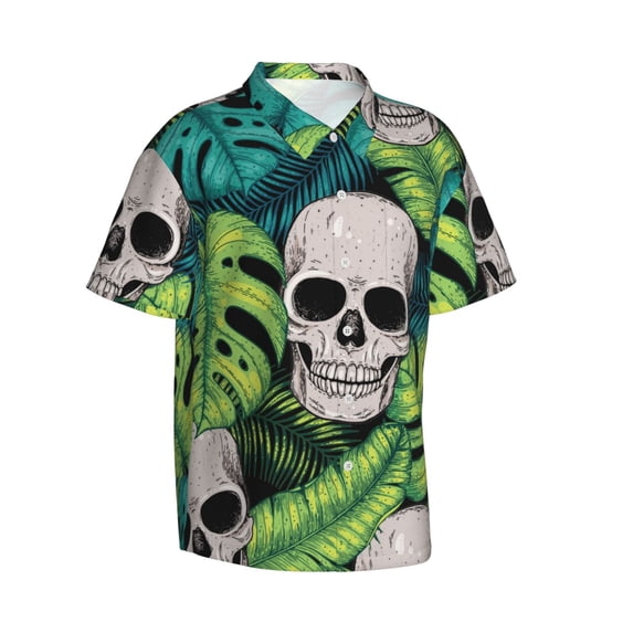 Picia Skull and Palm Leaves Gentle Cotton Regular Fit Short Sleeve Casual Hawaiian Shirt for Men-3X-Large