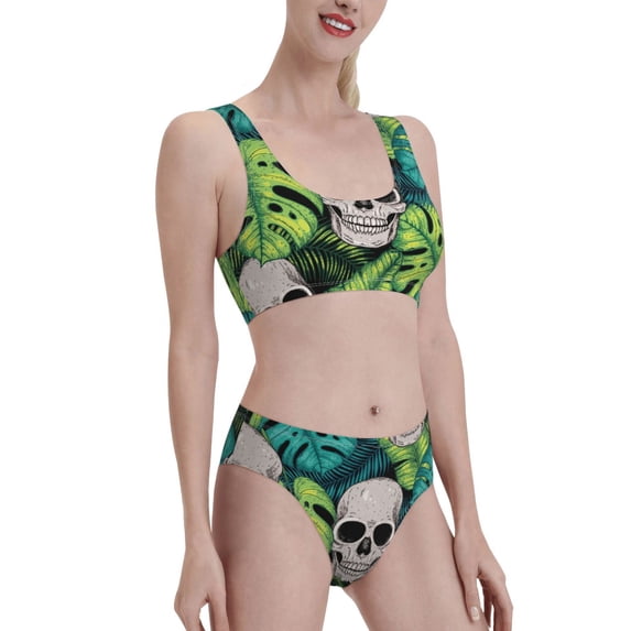 Picia Skull and Palm Leaves Women's High Waisted Bikini Scoop Neck Swimsuit Two Pieces Bathing Suit-X-Large