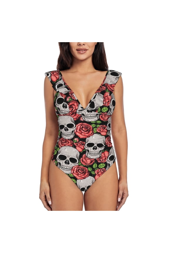 Skull and Roses Blooming Jelly Womens Tummy Control Bathing Suits Slimming Ruffle Swimsuit One Piece Lace Swimwear-