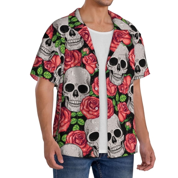 Picia Skull and Roses Men's Linen Shirts Short Sleeve Cuban Beach Shirts Casual Shirts Button Down Shirt for Men Beach Summer Wedding Shirt-3X-Large