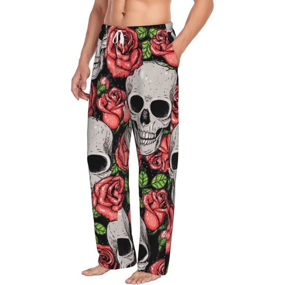 Picia Skull and Roses Mens Soft Woven Cotton Elastic Waistband Sleep Pajama Pant Lounge Sleep Pant With Pockets And Drawstring-X-Large