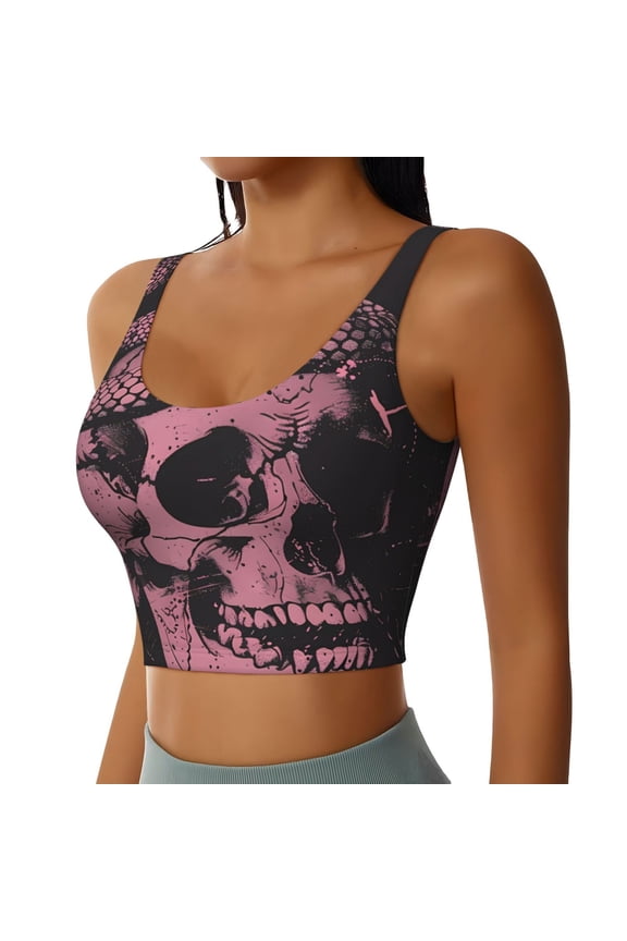 Skull and Snake Art Sports Bra for Women,Padded Strappy Sports Bras Medium Support Yoga Bra with Removable Cups,Running Yoga Bra-Medium