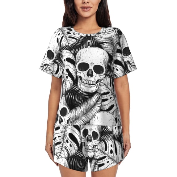 Picia Skull and palm leaves Pajamas Sets for Women Soft Short-Sleeved Pjs with Lounge Shorts Two Piece Sleepwear-Small