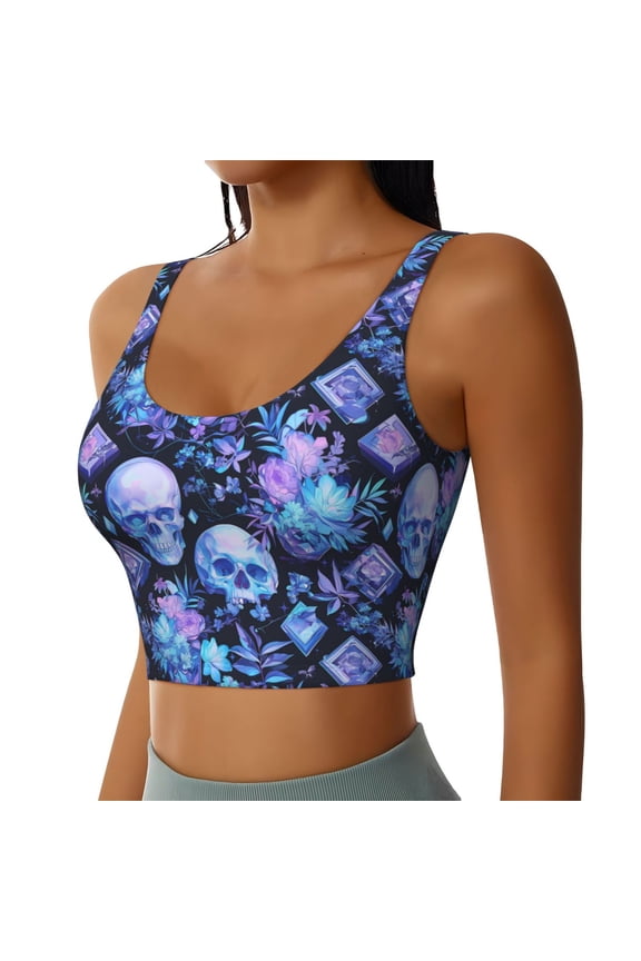 Skull blue crystal flower Sports Bra for Women,Padded Strappy Sports Bras Medium Support Yoga Bra with Removable Cups,Running Yoga Bra-Large