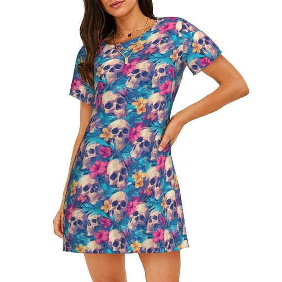 Picia Skull blue leaf Pattern Women’s Nightdress – Casual Short-sleeved Loose-Fit Sleepwear, Soft Cotton Short-Sleeve Sleep Shirt for Relaxation & Comfort
