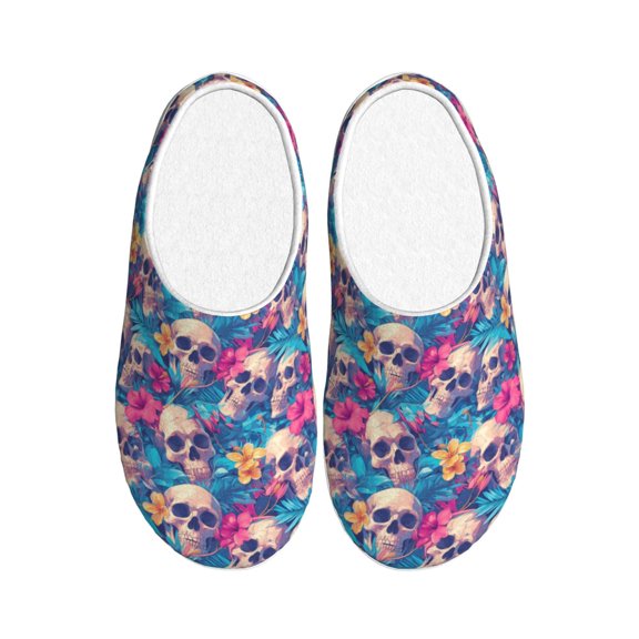 Picia Skull blue leaf for Women's Lamb-hug Comfy Fleece House Slippers Memory Foam, Slip-on House Shoes Indoor Outdoor-44/45