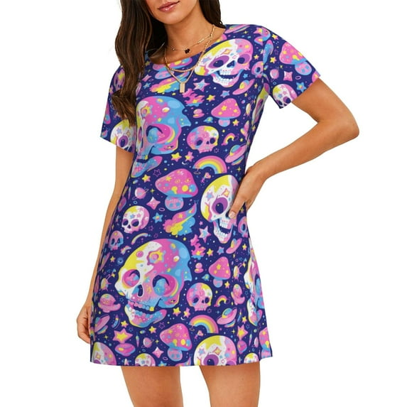 Picia Skull colorful mushroom Pattern Women’s Nightdress – Casual Short-sleeved Loose-Fit Sleepwear, Soft Cotton Short-Sleeve Sleep Shirt for Relaxation & Comfort