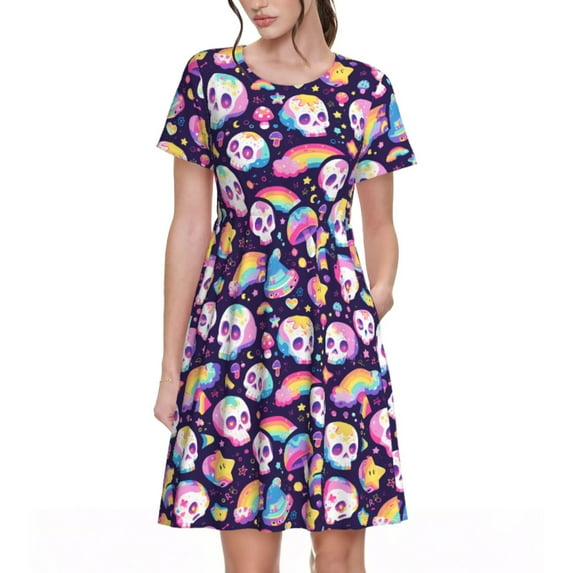 Picia Skull colorful mushroom rainbow Pattern Women's Short Sleeve Summer Dress Pleated Loose Swing Knee Length Short Sleeve Swing Dresses