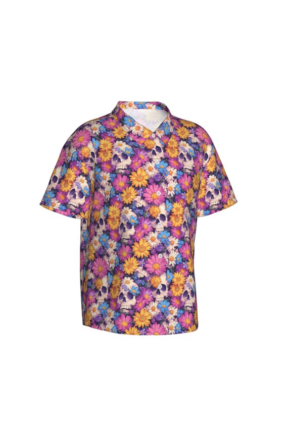 Skull daisy flower Gentle Cotton Regular Fit Short Sleeve Casual Hawaiian Shirt for Men-Small