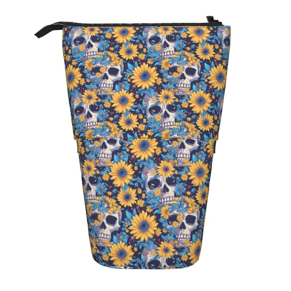 Picia Skull daisy yellow blue Print Telescopic Pencil Case, Telescopic Pen Holder Telescopic Pencil Pouch Bag Stationery Pencil Case Box Storage Organizer Makeup Bag