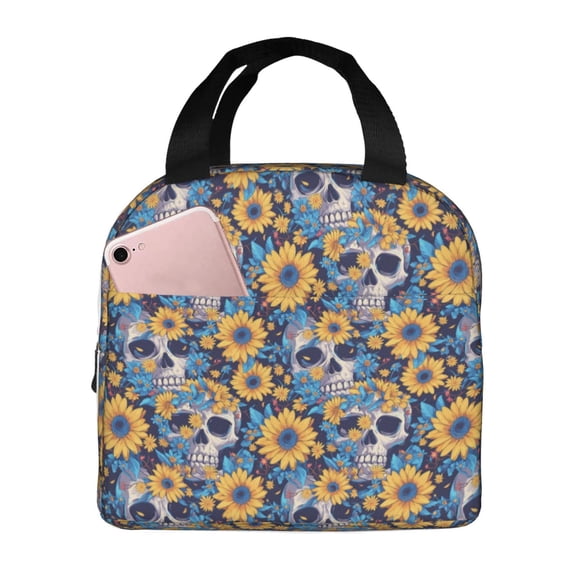 Picia Skull daisy yellow blue Printed Lunch box Lunch bag for Men Women Large Capacity Lunchbox Reusable Lunch Bags Insulated Lunch Bag Lunch Box Cooler