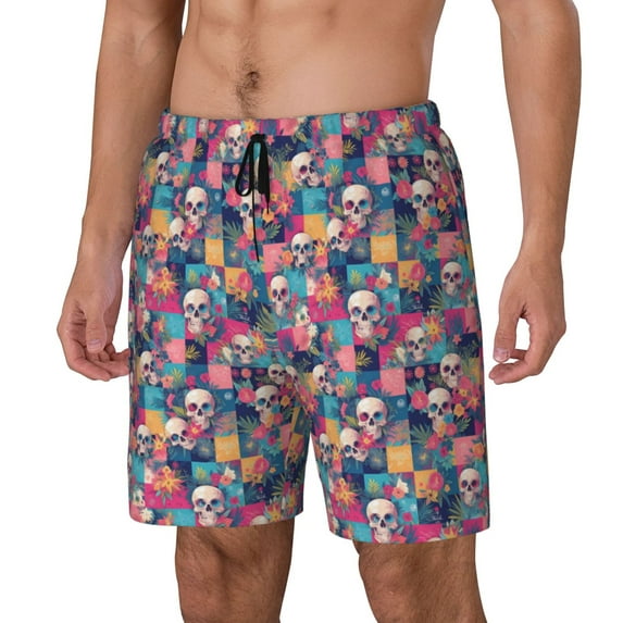 Picia Skull flower leaf Plaid pattern Mens Swim Trunks with Compression Liner Stretch Beach Shorts Quick Dry with Zipper Pockets No-Chafing Board Shorts-3X-Large