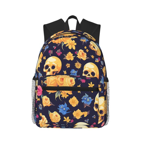 Picia Skull gold flower Large Capacity Backpack Classic Style Backpack Casual Backpack Water-Resistant School Work Travel Outdoor Backpack